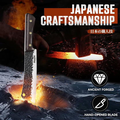 Huusk Upgraded Serbian Chef Knife-Japanese Meat Cleaver Knife for Meat Cutting Forged Butcher Knives with Sheath Full Tang Kitchen Chopping Knives for Home, Outdoor Camping, Gift for Men and Women