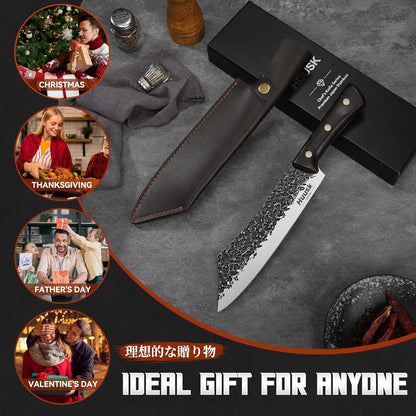 Huusk Upgraded Serbian Chef Knife-Japanese Meat Cleaver Knife for Meat Cutting Forged Butcher Knives with Sheath Full Tang Kitchen Chopping Knives for Home, Outdoor Camping, Gift for Men and Women