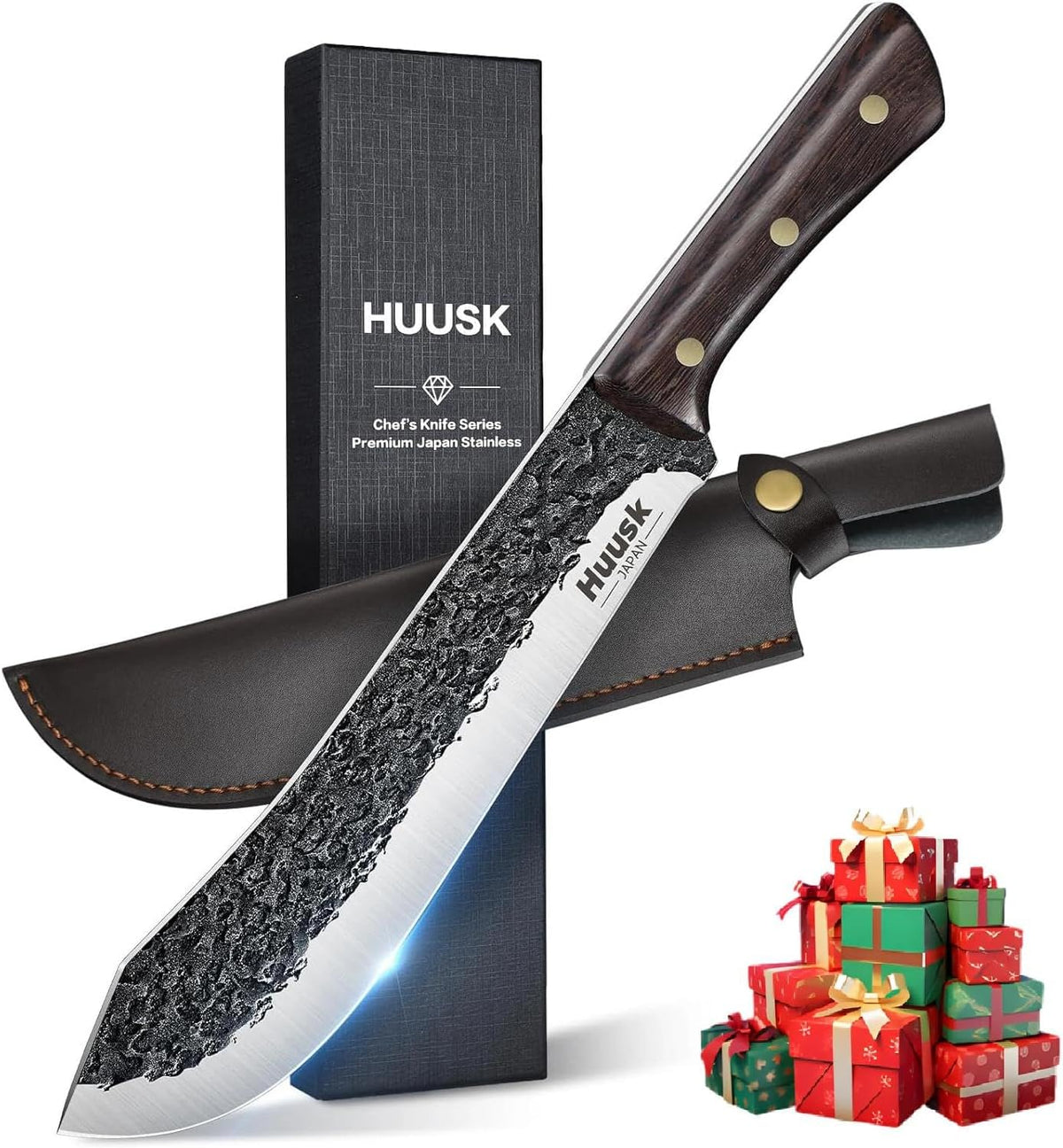 Huusk Upgraded Serbian Chef Knife-Japanese Meat Cleaver Knife for Meat Cutting Forged Butcher Knives with Sheath Full Tang Kitchen Chopping Knives for Home, Outdoor Camping, Gift for Men and Women