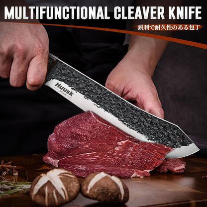 Huusk Upgraded Serbian Chef Knife-Japanese Meat Cleaver Knife for Meat Cutting Forged Butcher Knives with Sheath Full Tang Kitchen Chopping Knives for Home, Outdoor Camping, Gift for Men and Women