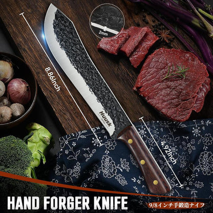 Huusk Upgraded Serbian Chef Knife-Japanese Meat Cleaver Knife for Meat Cutting Forged Butcher Knives with Sheath Full Tang Kitchen Chopping Knives for Home, Outdoor Camping, Gift for Men and Women