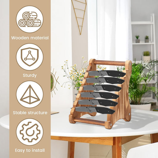 Knife Display Stand Wood, 7 Tier Knife Block, Wooden Knife Holders for Counter Top, Knife Rack Organizer, Fixed Blade Knife Collection Storage for Kitchen Countertop Tabletop Organizer