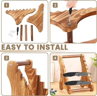 Knife Display Stand Wood, 7 Tier Knife Block, Wooden Knife Holders for Counter Top, Knife Rack Organizer, Fixed Blade Knife Collection Storage for Kitchen Countertop Tabletop Organizer