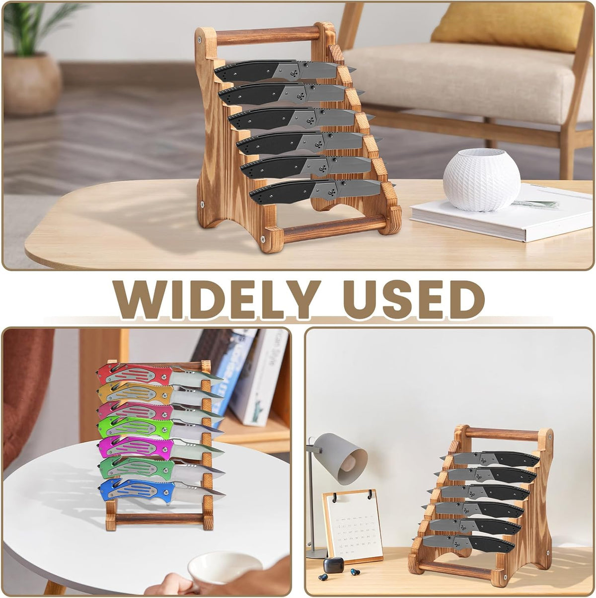 Knife Display Stand Wood, 7 Tier Knife Block, Wooden Knife Holders for Counter Top, Knife Rack Organizer, Fixed Blade Knife Collection Storage for Kitchen Countertop Tabletop Organizer