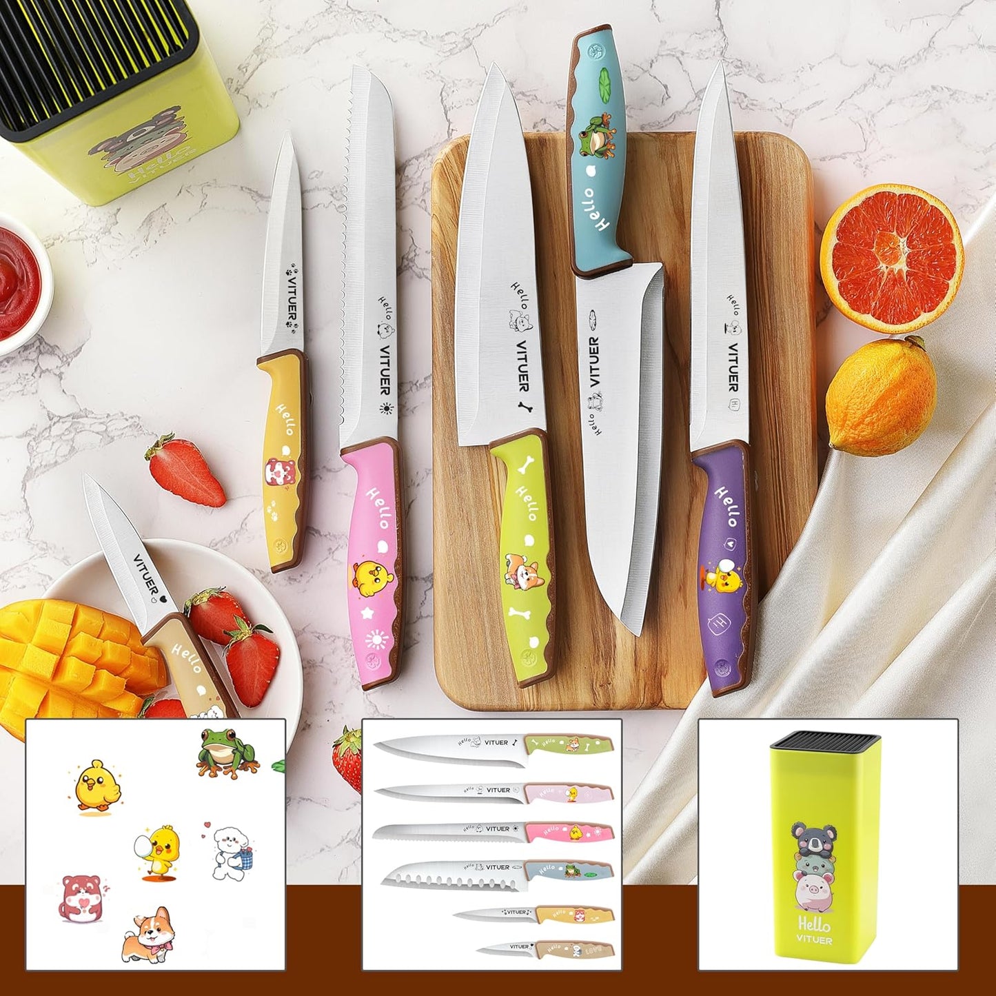 Knife Set, Vituer 7PCS Stainless Steel Kitchen Knife Block Set, Dishwasher Safe (Stylish Animal Characters)