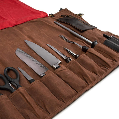 Dickies Chef Knife Roll Bag Portable Organizer and Cutlery Storage Roll, Waxed Canvas and Leather, Medium
