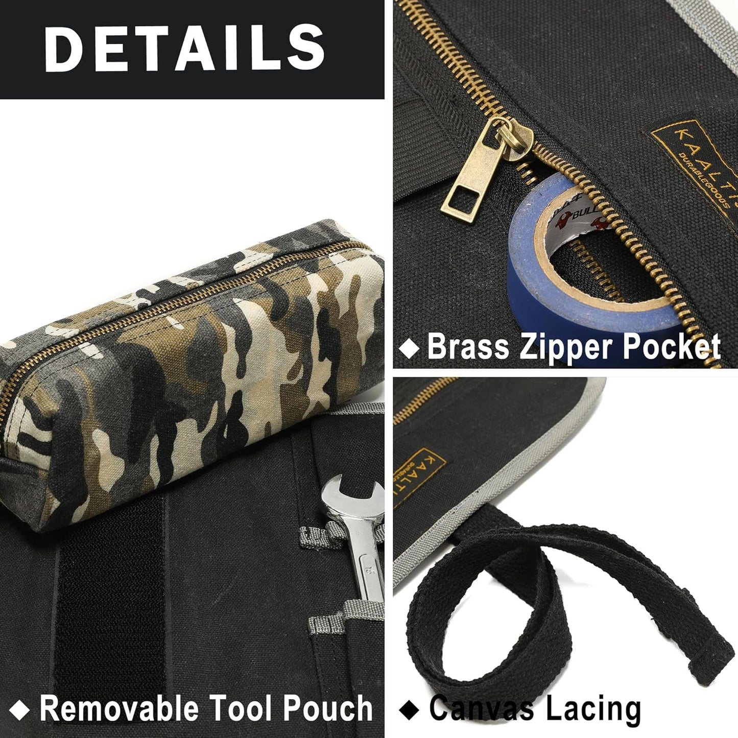 16OZ Waxed Canvas Tool Roll Bag, Heavy Duty Tool Storage Roll Bag with 7 Tool Slots & 1 Detachable Pouch, Khaki Tool Organizer for Wrenches and Tools (23.5"L x 9.5"W)