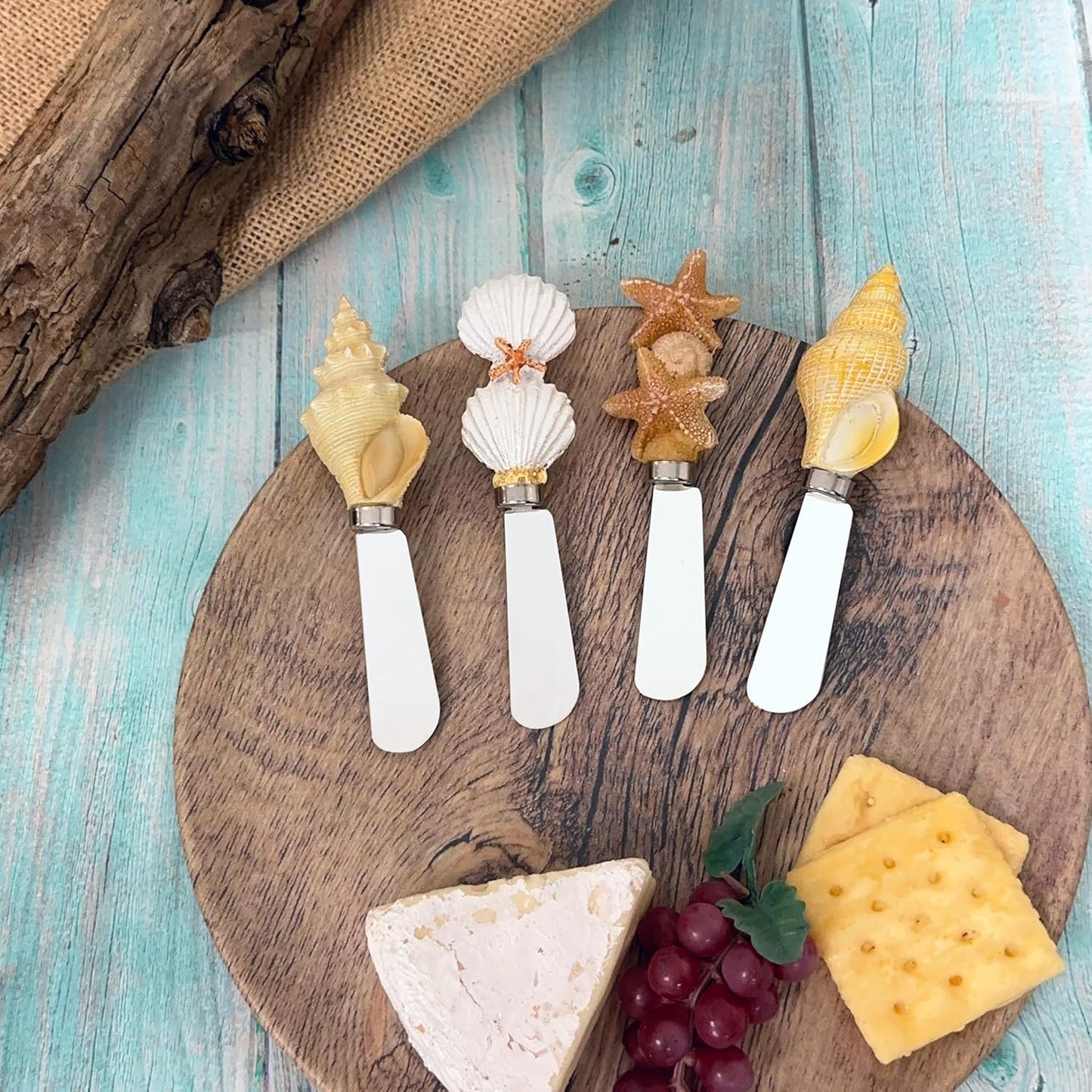 Supreme Housewares Seashell Cheese Spreaders, Hand-Painted Resin Handles with Stainless Steel Blades for Spreading Cream Cheese, Butter, and Jam, Assorted Designs, Set of 4