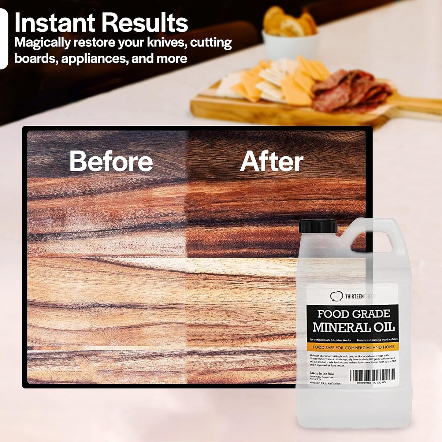 Thirteen Chefs Mineral Oil - 8 oz Food Grade Conditioner for Wood Cutting Board, Countertop & Butcher Block, Lubricant for Knife or Meat Grinder - Safe USP Finish on Marble, Soapstone