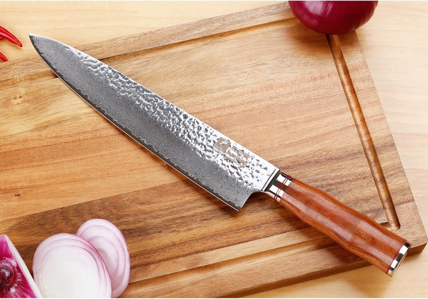 SUNLONG Chef's Knives 12 inch Pro Gyuto Japanese Hammered Damascus Natural Bloodwood Hand