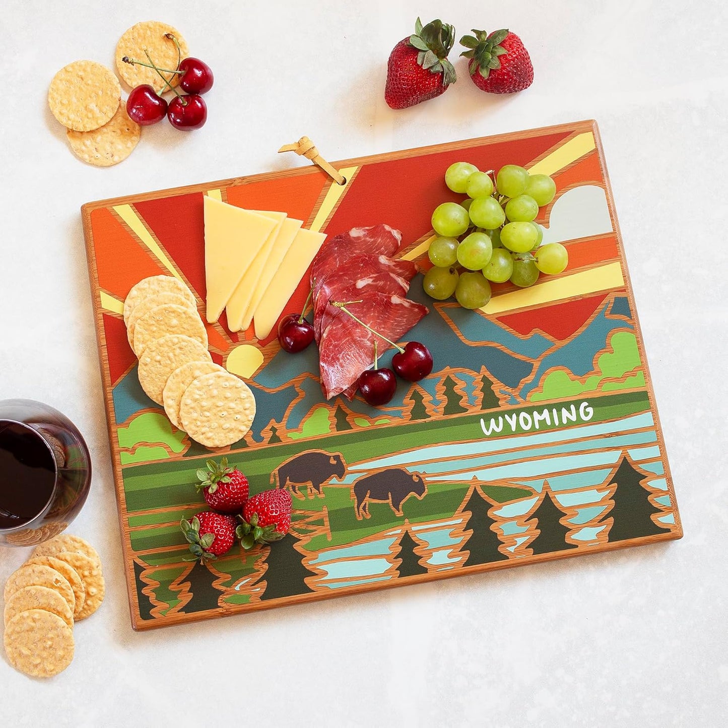 Totally Bamboo North Carolina State Shaped Cutting Board and Charcuterie Serving Platter with Artwork by Summer Stokes, Includes Hang Tie for Wall Display 18" x 8" x 5/8" - Colors A