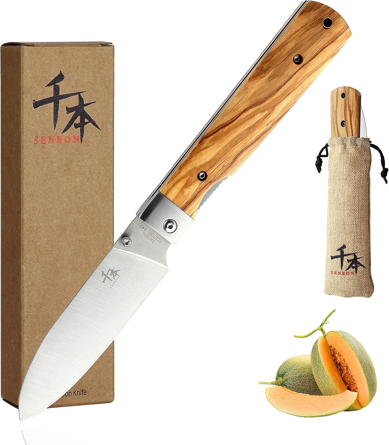 SENBON 440A stainless steel Gift wrapped 4 piece set sharp pocket folding Japanese chef knife universal peeling knife bread knife set portable kitchen knives with natural olive handle