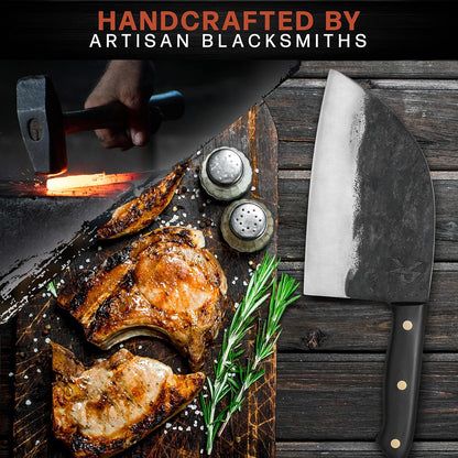 Kitchen perfection Handmade Meat Cleaver Knife for Meat Cutting - Professional 7" Serbian Chef Knife - Made of High Carbon Steel - Hand Sharpen Butcher Knife with Canvas Sheath, Unique Gifts for Men