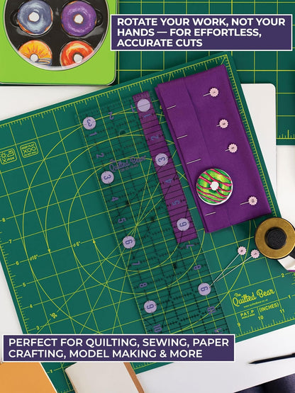 The Quilted Bear Rotating Cutting Mat 12" x 12" - Locking & Rotating Self Healing Cutting Board for Sewing, Fabric & Quilting - 360 Degree Sewing Supplies Mat for Craft Table (Pink)