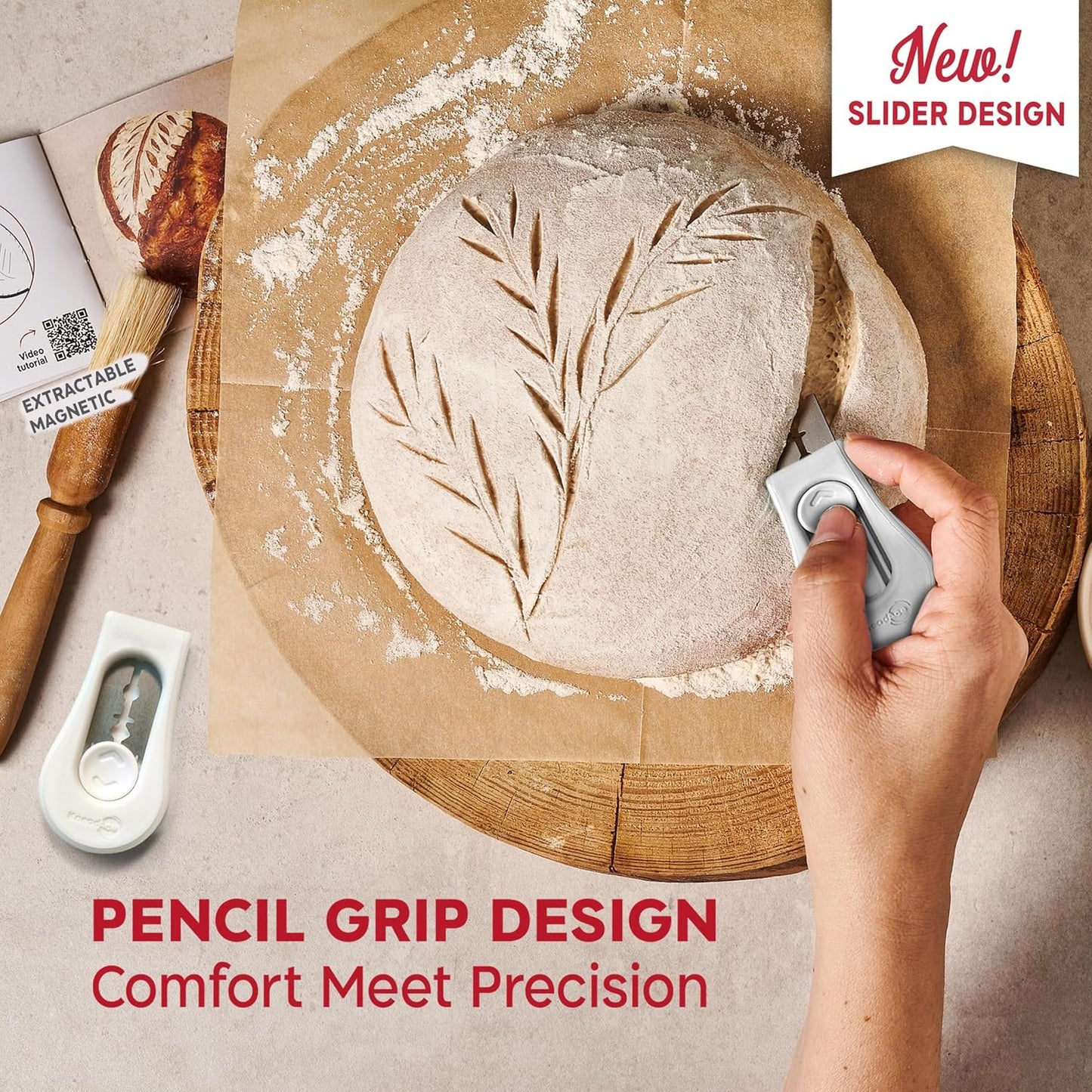 KneadAce Upgraded Extractable & Magnetic Bread Lame Dough Scoring Tool - Professional Sourdough scoring tool for Sourdough Bread baking & Bread Making Tools - Scoring Patterns booklet & 5 Razor Blades