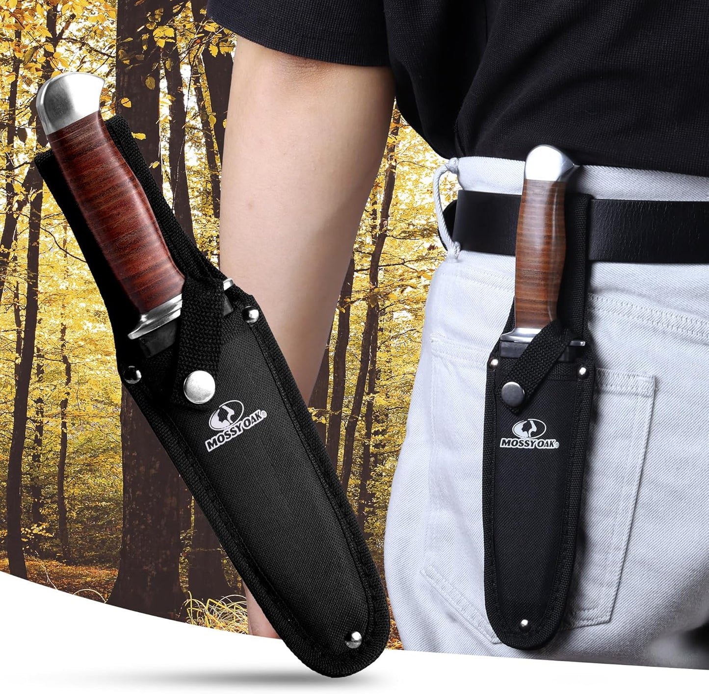 Mossy Oak 2-piece Bowie Knife, Fixed Blade Hunting Knife with Leather Handle, Sheath Included