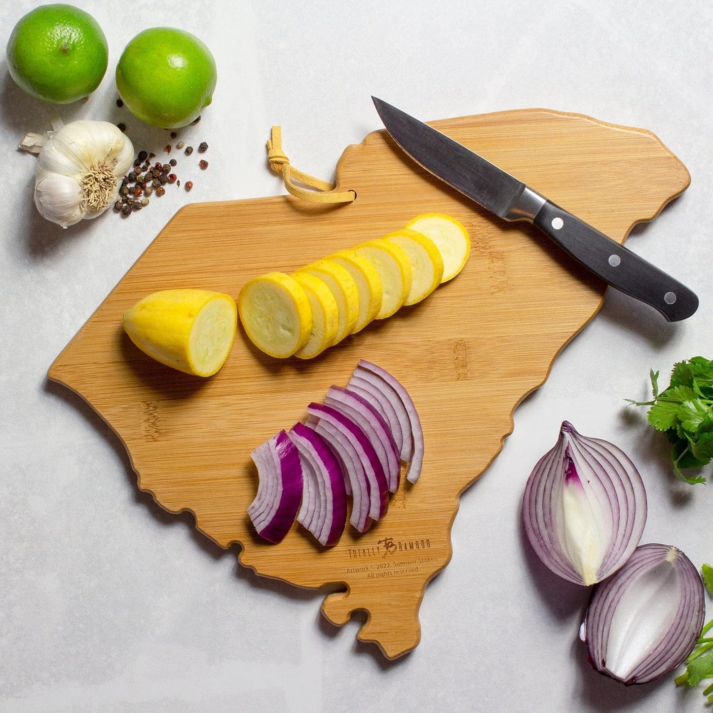 Totally Bamboo North Carolina State Shaped Cutting Board and Charcuterie Serving Platter with Artwork by Summer Stokes, Includes Hang Tie for Wall Display 18" x 8" x 5/8" - Colors A