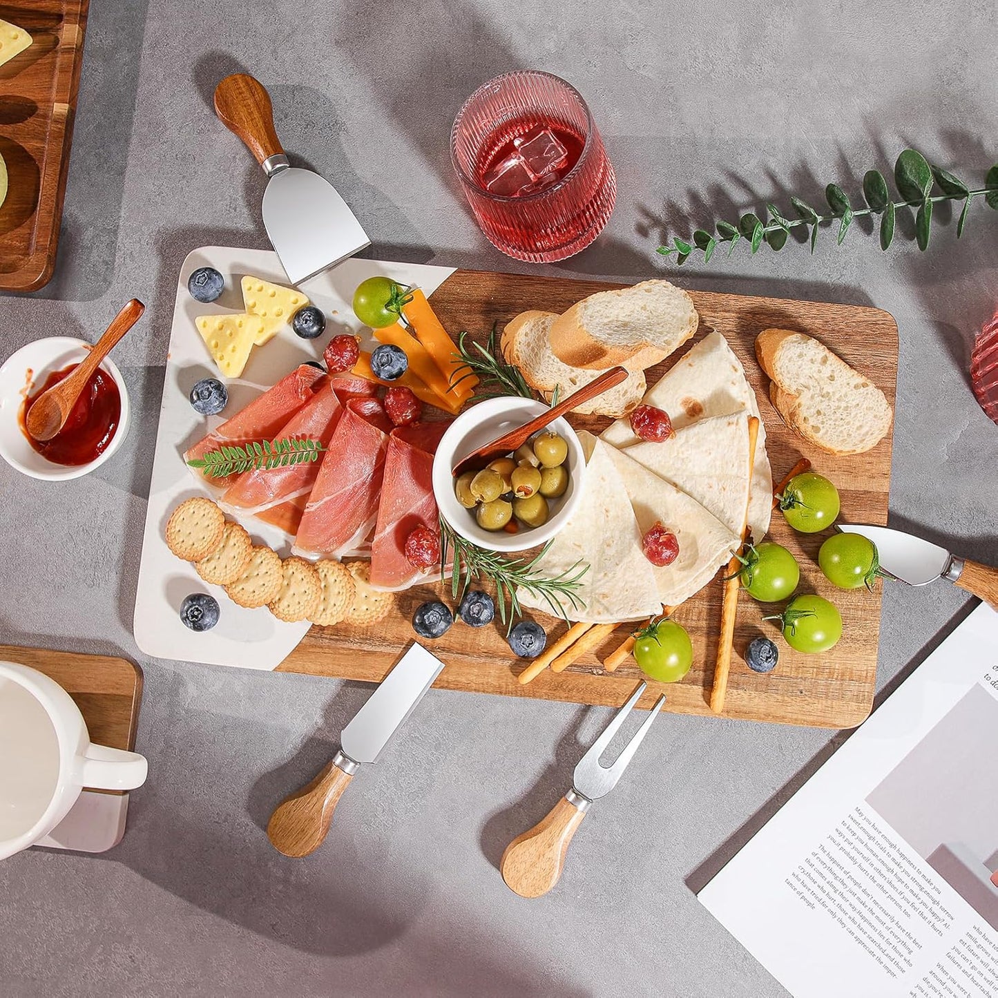 Acacia Wood & Marble Charcuterie Board Set, Cheese Board Platter Tray with 4 Knives 2 Bowls & 2 Spoons, Serving Tray Platter for Wine Night Parties Hosting Weddings Housewarming Gifts