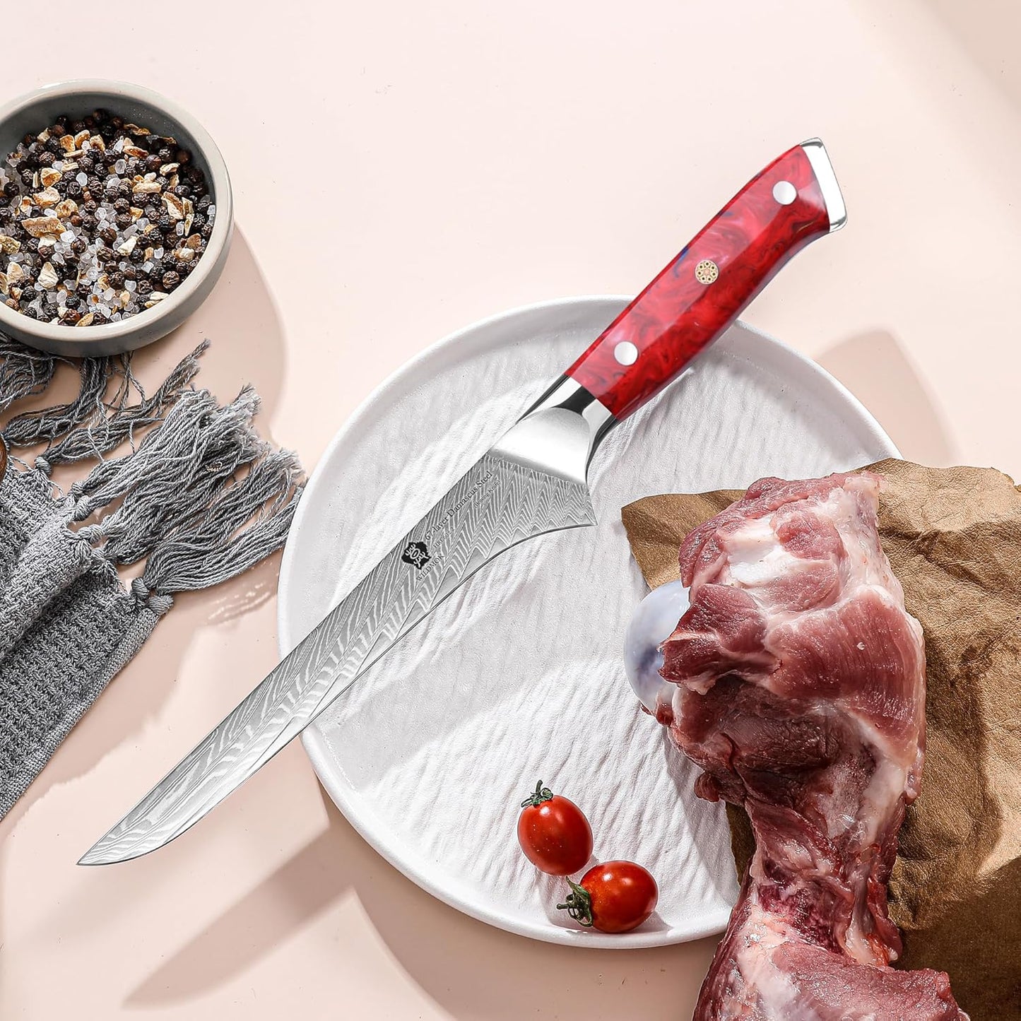 WILDMOK Damascus Boning Knife, 7 inch Super Sharp Fillet Knife, Japanese Damascus Steel, Full Tang Resin Handle, Includes Gift Box
