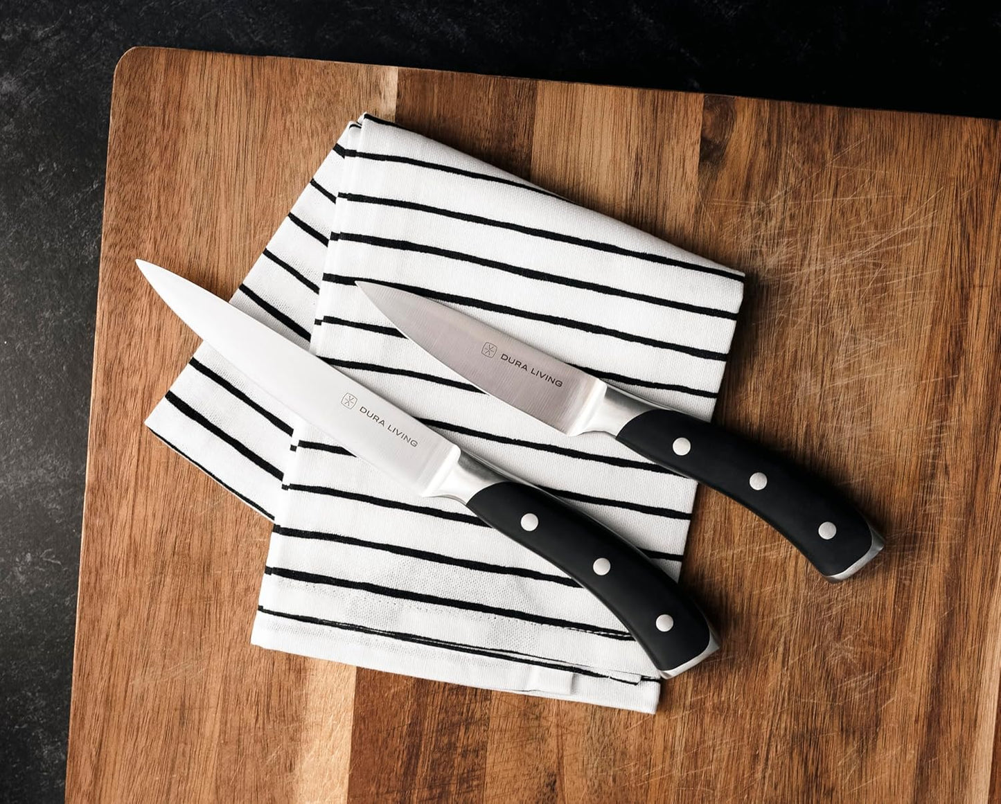 DURA LIVING 2-Piece Kitchen Knife Set – Ultra Sharp Precision German Stainless Steel Blades, 5” Utility & 3.5” Paring Knife with Ergonomic Handles, Multipurpose for Slicing & Peeling, Black Handle