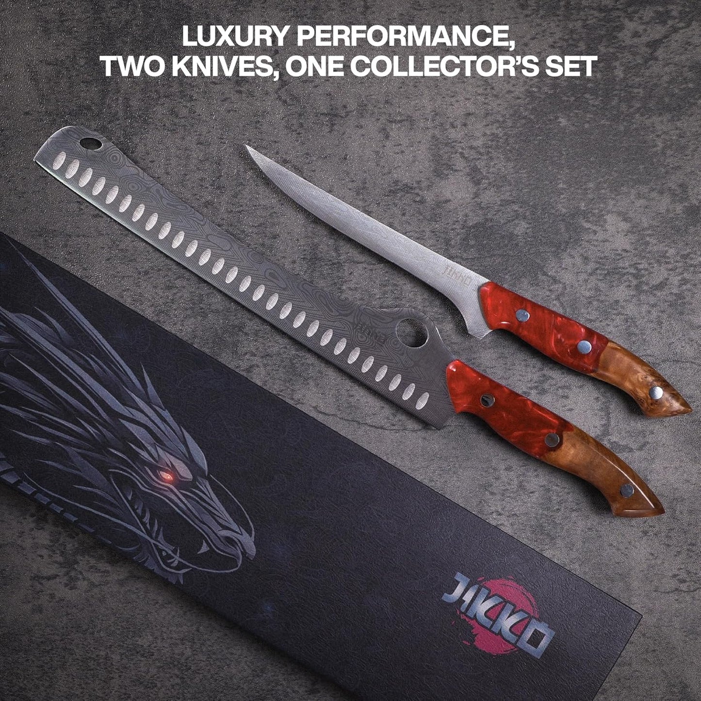 Jikko® SteelFang Edition – Japanese Brisket & Fillet Knife Set with Olive Wood & Red Epoxy Resin Handles | Premium Butcher & Carving Knives for Meat, BBQ & Fish – Ultra Sharp Stainless Steel Blades