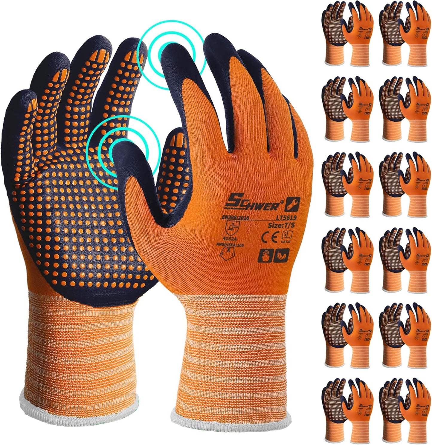 Schwer 3/6/12 Pairs Safety Work Gloves MicroFoam Nitrile Coated, Certified Level 6 Abrasion Resistant Gardening Gloves with MicroDot Grip, Touchscreen, General A1 Cut Resistant Glove, LT5619, S