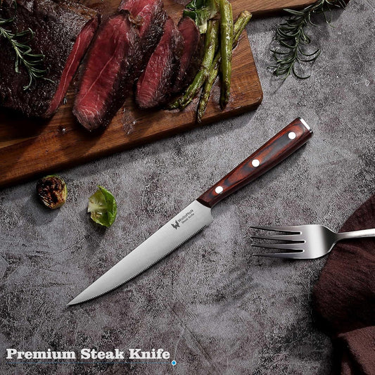 Steak Knives Set of 6 - Ultra Sharp Easy to Hold - Full Tang Wood Handle High Carbon Stainless Steel, Straight Edge Non Serrated - 5'' Kitchen Dinner Knife Cutlery Set in Gift Box