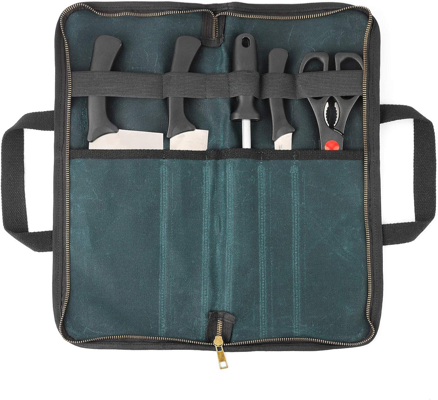Denifiter Chef's Travel Knife Case, Portable Knife Roll Bag For Men And Women, Waterproof Waxed Canvas, Strong Zipper, 5 Slots (Dark Green)