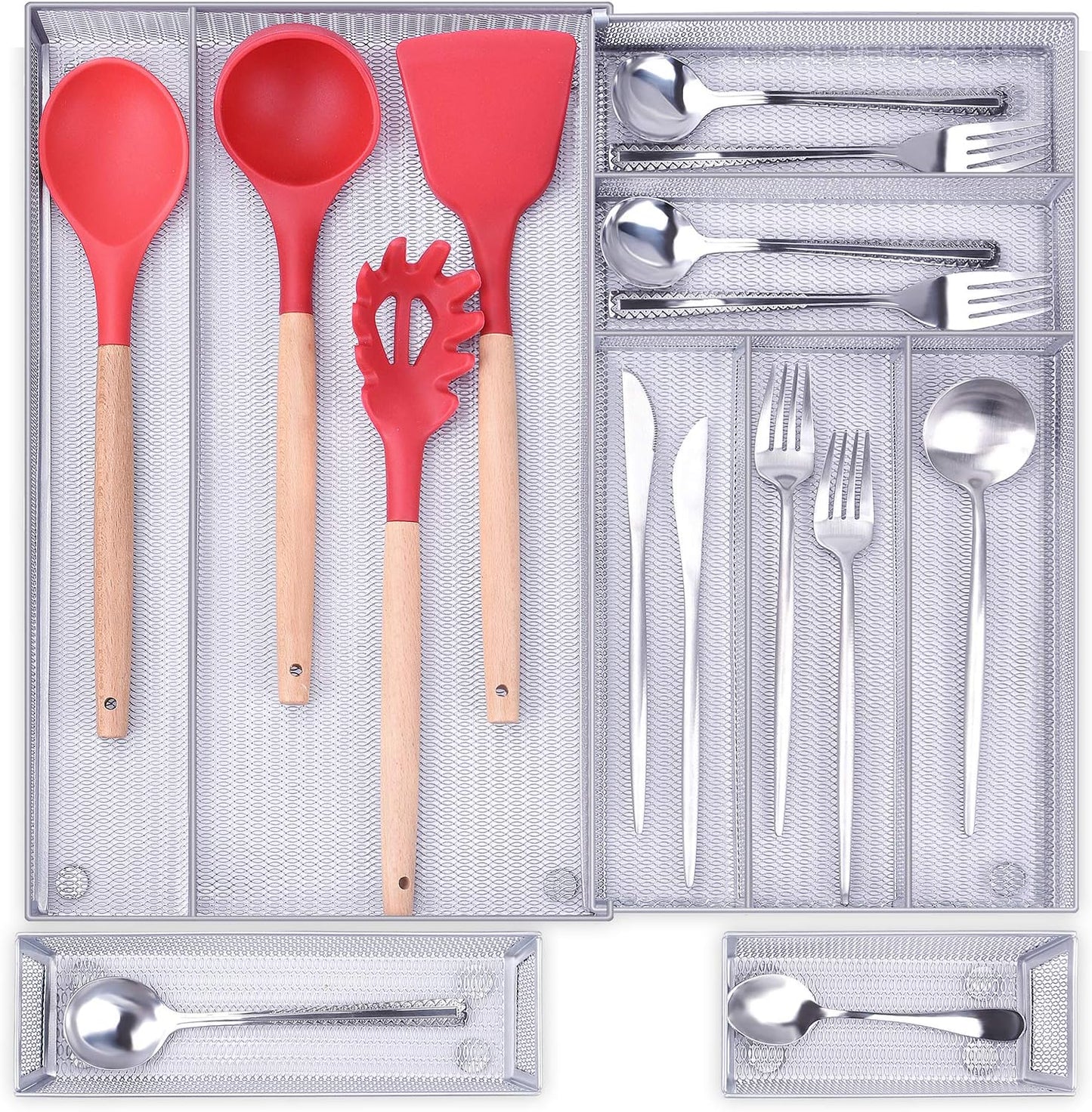 WuGeShop Mesh Silverware Tray Drawer Organizer, Kitchen Utensils Flatware with Anti-slip Mats, Silverware Storage Cutlery Tray for Knives Fork Spoon (5 Separate Compartments, Silver)