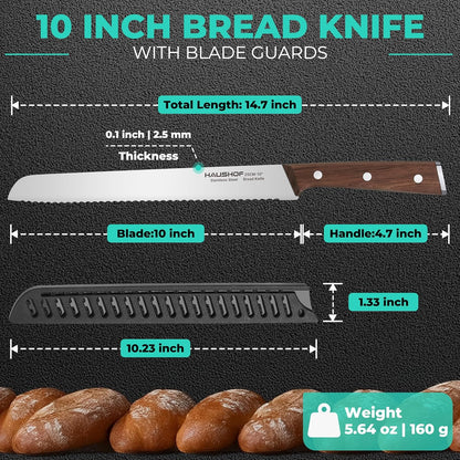 HAUSHOF Bread Knife with Sheath, 10-Inch Serrated Bread Knife for Homemade Bread, 5CR15M0V Premium Stainless Steel Bread Cutter with Gift Box for Mom Dad, Full Tang and Ergonomic Handle
