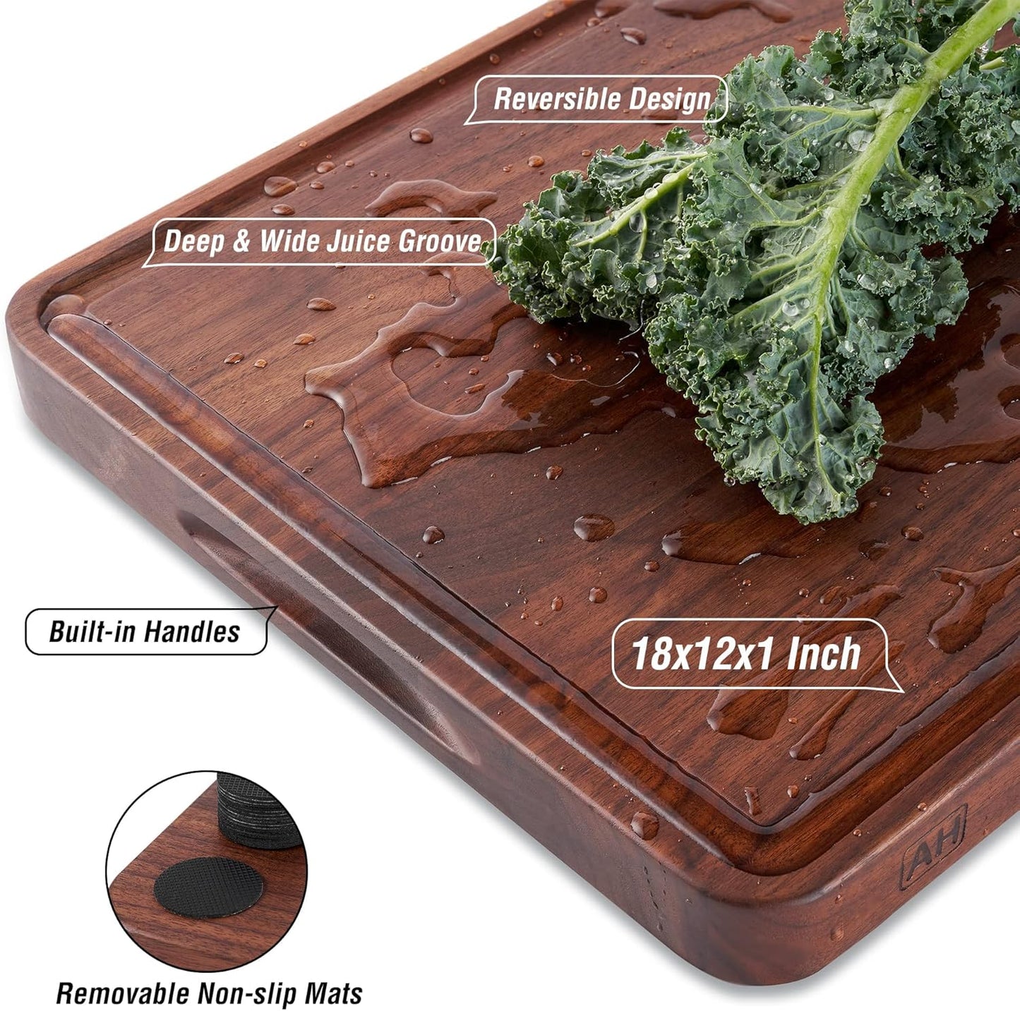 AZRHOM Large End Grain Walnut Wood Cutting Board 17x13x1.5 in Thick Butcher Block for Kitchen with Non-slip Mats Juice Groove & Handles (Gift Box)