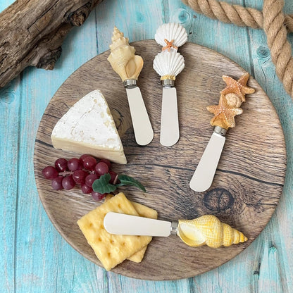Supreme Housewares Seashell Cheese Spreaders, Hand-Painted Resin Handles with Stainless Steel Blades for Spreading Cream Cheese, Butter, and Jam, Assorted Designs, Set of 4