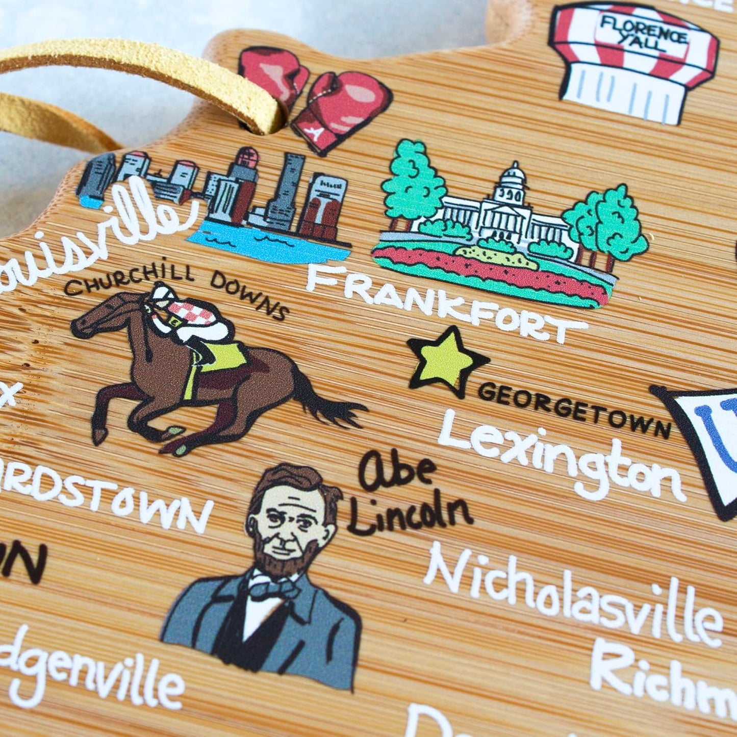Totally Bamboo Tennessee State Shaped Cutting Board and Charcuterie Serving Platter with Artwork by Fish Kiss, Includes Hang Tie for Wall Display - Colors A