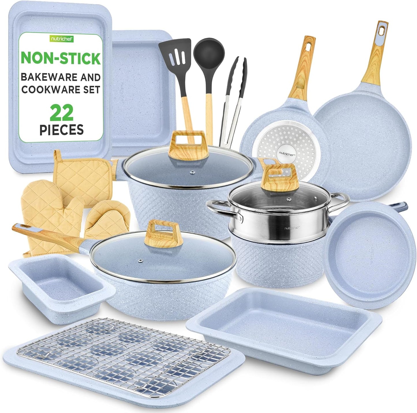 NutriChef 54-Piece Kitchen Cookware Set – Complete Non-Stick Ceramic Pots and Pans Set with Utensils, Bakeware, and Knife Set, Gas, Electric & Induction Compatible, Blush Pink Kitchen Essentials