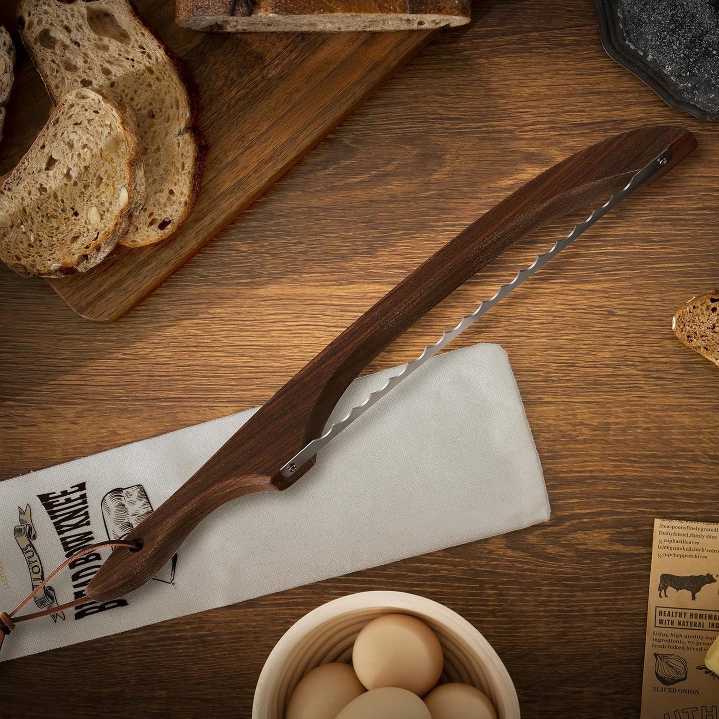 LLOTUS Bread Knife Package Slicer for Sourdough Bread, 16.5" Premium Wooden Bow Design, Premium Stainless Steel Serrated Saw, Cutter for cutting Loaf, Sandwich, Bagels, Homemade Bread & more - Birch