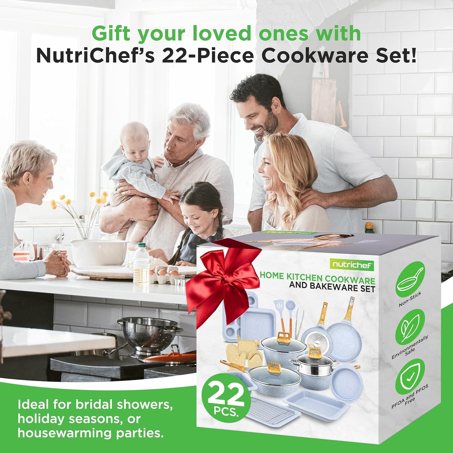 NutriChef 54-Piece Kitchen Cookware Set – Complete Non-Stick Ceramic Pots and Pans Set with Utensils, Bakeware, and Knife Set, Gas, Electric & Induction Compatible, Blush Pink Kitchen Essentials
