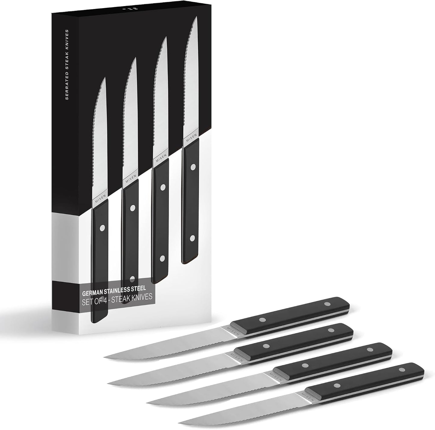 Steak Knives Set of 4 - Precision Serrated Blades for Effortless Dining - Stainless Steel - Superior Cuts with Four Steak Knives Handles - Black