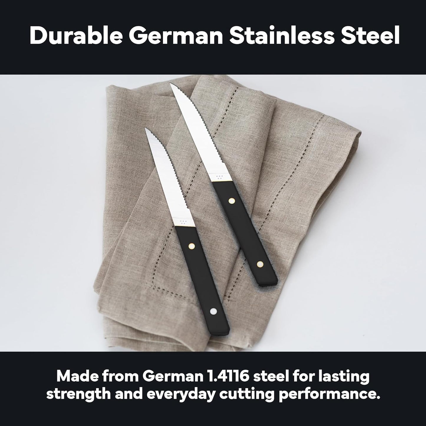 Steak Knives Set of 4 - Precision Serrated Blades for Effortless Dining - Stainless Steel - Superior Cuts with Four Steak Knives Handles - Black