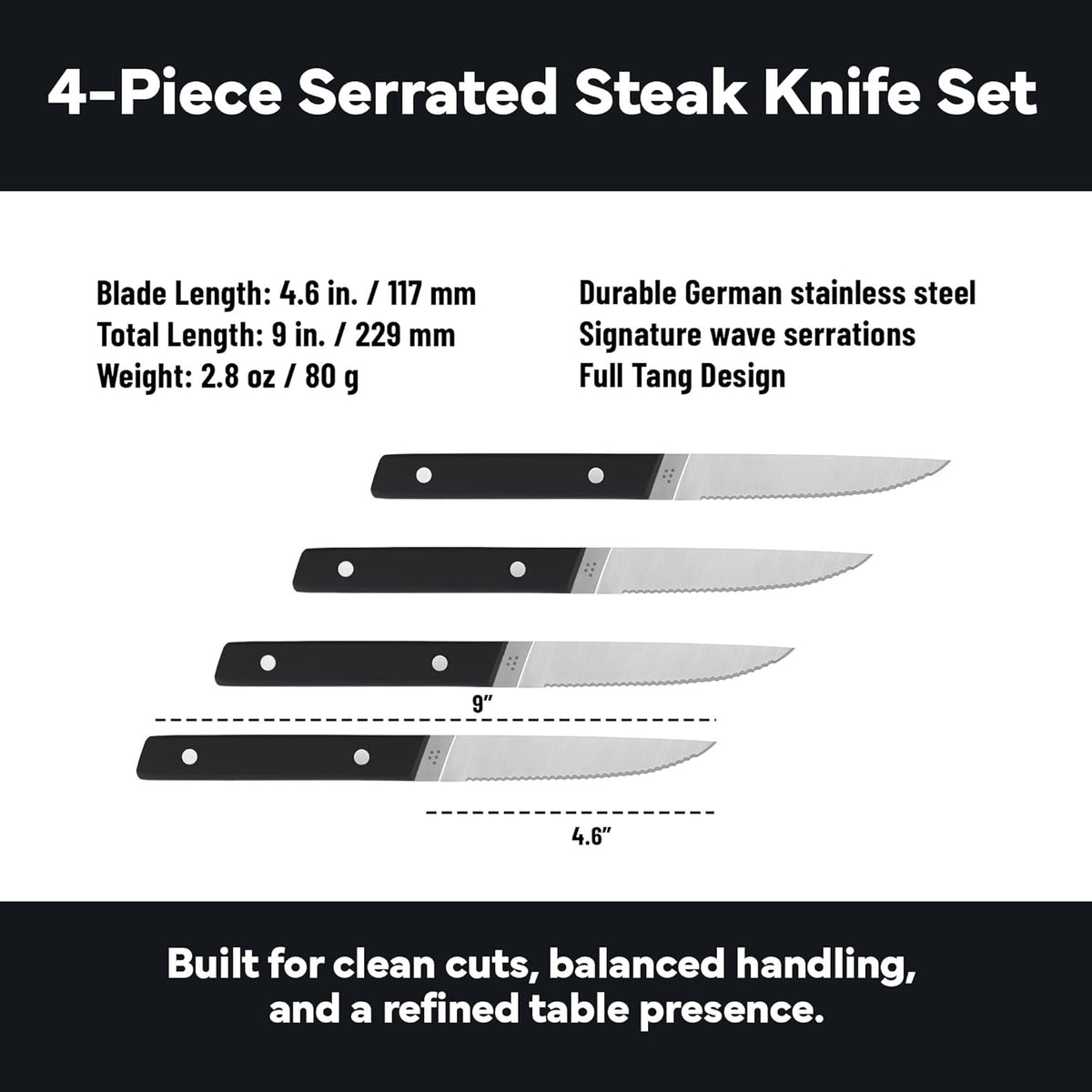Steak Knives Set of 4 - Precision Serrated Blades for Effortless Dining - Stainless Steel - Superior Cuts with Four Steak Knives Handles - Black