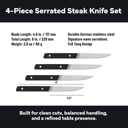 Steak Knives Set of 4 - Precision Serrated Blades for Effortless Dining - Stainless Steel - Superior Cuts with Four Steak Knives Handles - Black