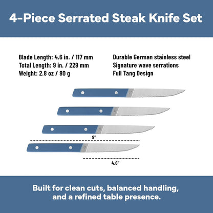Steak Knives Set of 4 - Precision Serrated Blades for Effortless Dining - Stainless Steel - Superior Cuts with Four Steak Knives Handles - Black