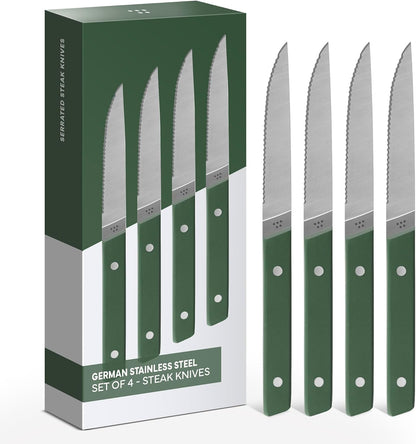 Steak Knives Set of 4 - Precision Serrated Blades for Effortless Dining - Stainless Steel - Superior Cuts with Four Steak Knives Handles - Black
