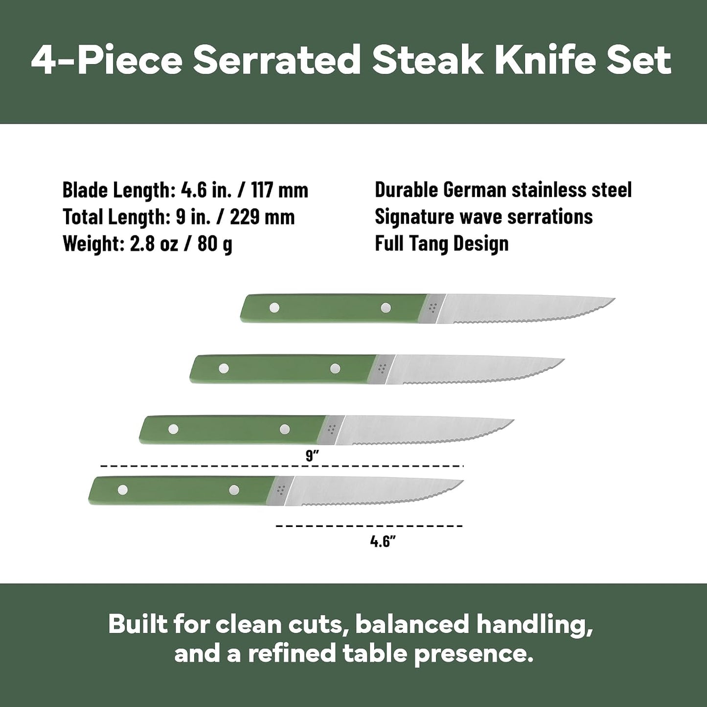Steak Knives Set of 4 - Precision Serrated Blades for Effortless Dining - Stainless Steel - Superior Cuts with Four Steak Knives Handles - Black