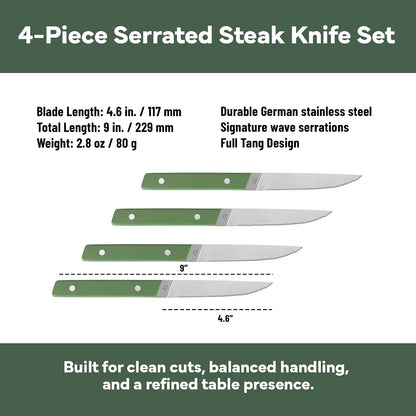 Steak Knives Set of 4 - Precision Serrated Blades for Effortless Dining - Stainless Steel - Superior Cuts with Four Steak Knives Handles - Black