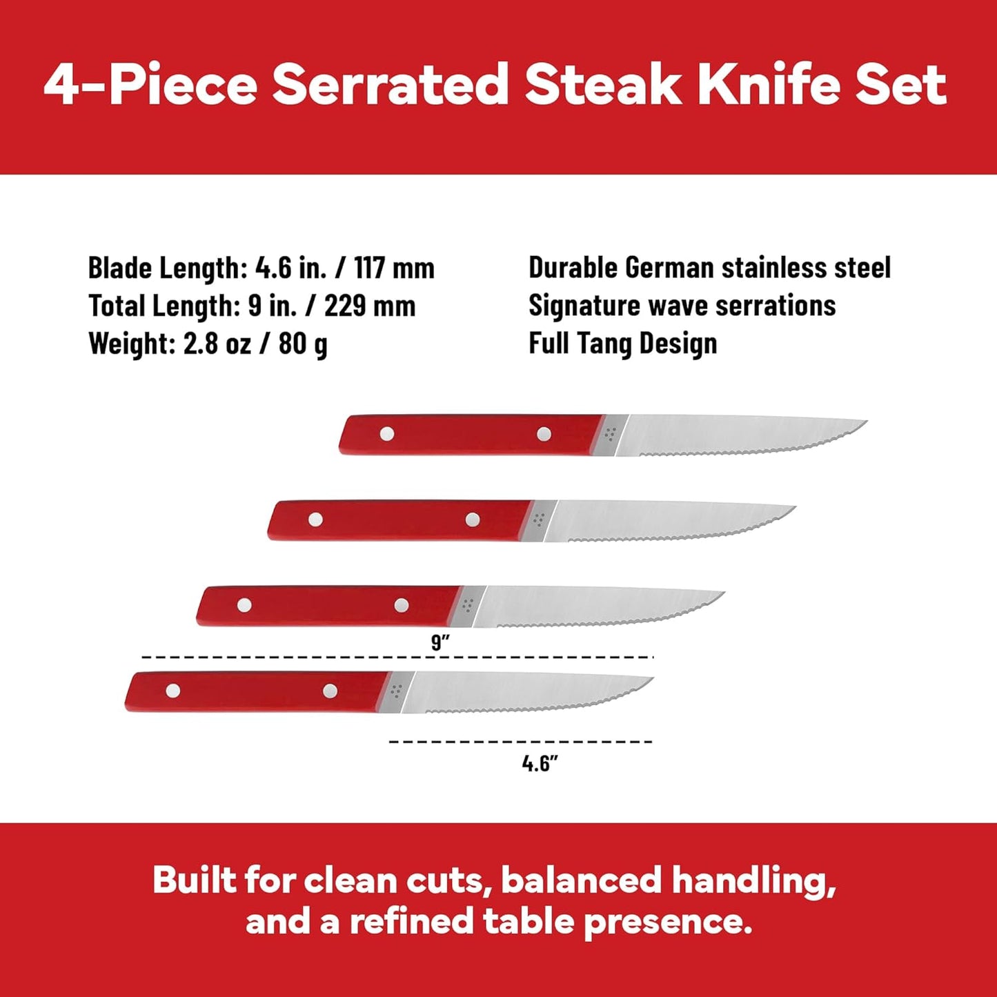 Steak Knives Set of 4 - Precision Serrated Blades for Effortless Dining - Stainless Steel - Superior Cuts with Four Steak Knives Handles - Black