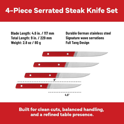 Steak Knives Set of 4 - Precision Serrated Blades for Effortless Dining - Stainless Steel - Superior Cuts with Four Steak Knives Handles - Black