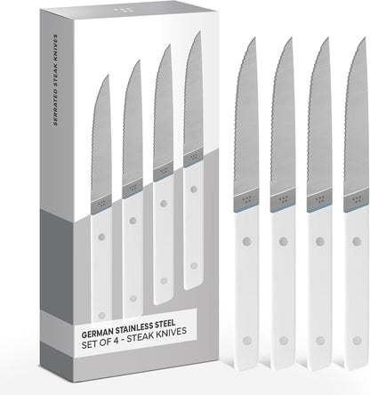 Steak Knives Set of 4 - Precision Serrated Blades for Effortless Dining - Stainless Steel - Superior Cuts with Four Steak Knives Handles - Black