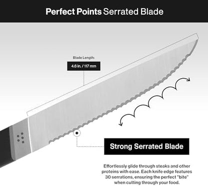 Steak Knives Set of 4 - Precision Serrated Blades for Effortless Dining - Stainless Steel - Superior Cuts with Four Steak Knives Handles - Black