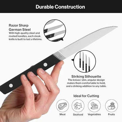 Steak Knives Set of 4 - Precision Serrated Blades for Effortless Dining - Stainless Steel - Superior Cuts with Four Steak Knives Handles - Black