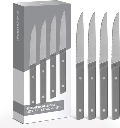 Steak Knives Set of 4 - Precision Serrated Blades for Effortless Dining - Stainless Steel - Superior Cuts with Four Steak Knives Handles - Black